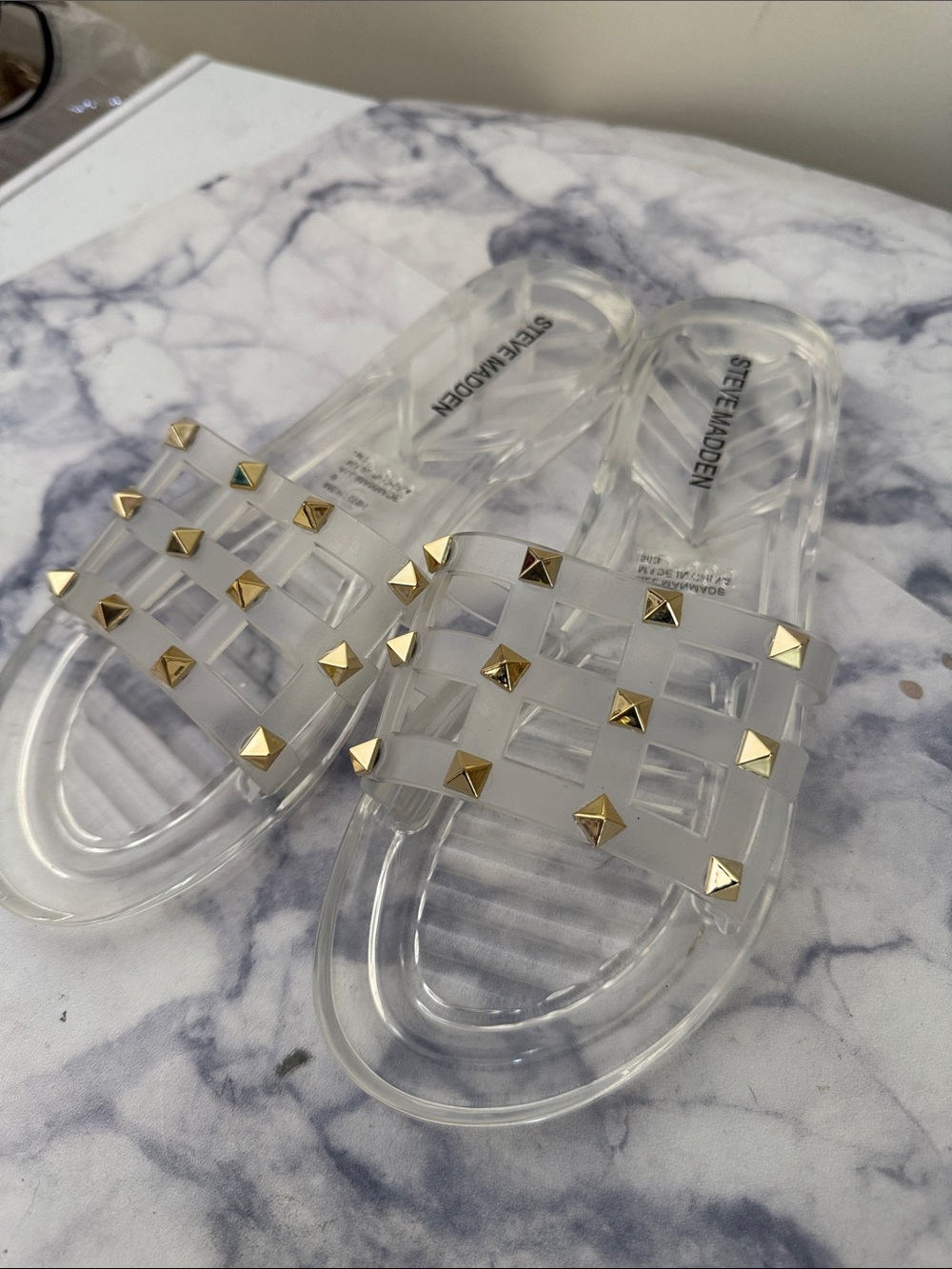 Steve Madden Clear Slide Sandals with Gold Pyramid Studs